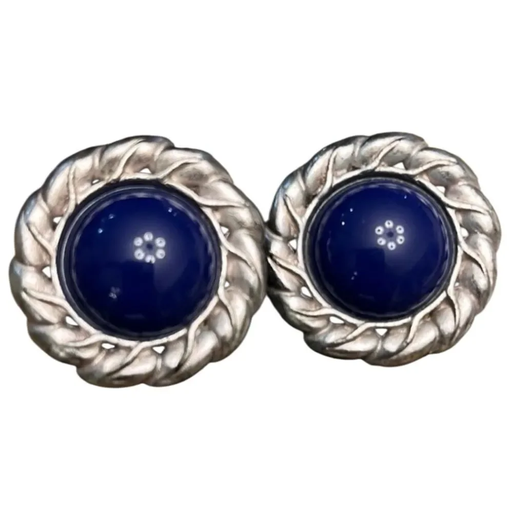 Vintage Liz Claiborne Blue Cabochon Clip-On Earrings Silver Tone Rope Frame